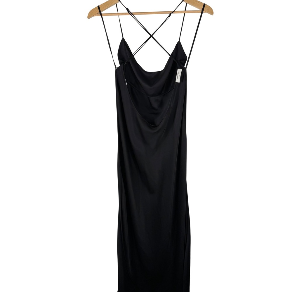 Aritzia Babaton Astaire Satin Slip Dress Womens L Black Strappy Cowl Neck Midi